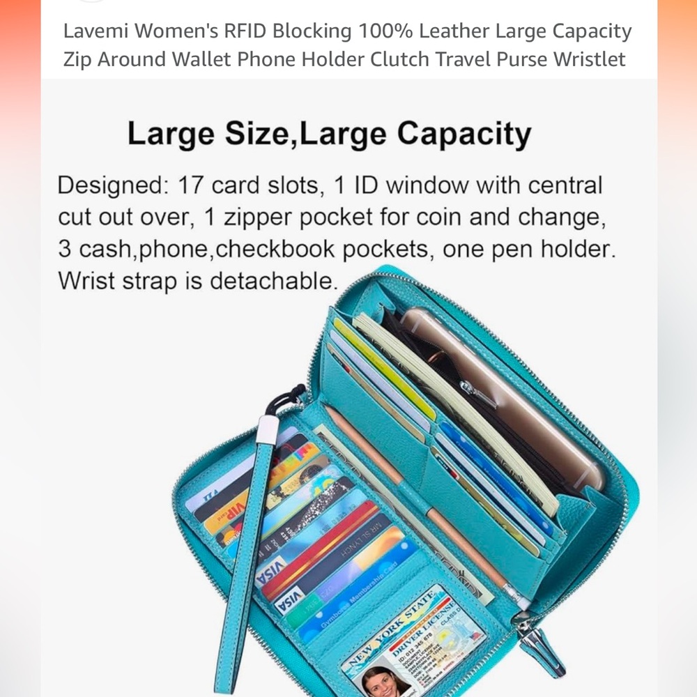 RFID Blocking Leather Zip Around Wallet Phone Holder Clutch Wristlet